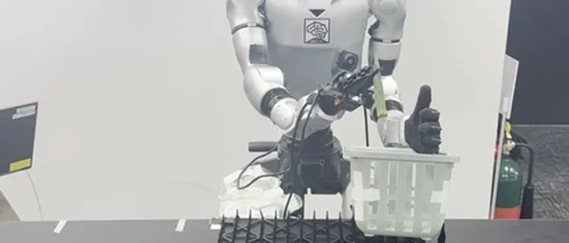 Humanoid robot grasping okra with a basket