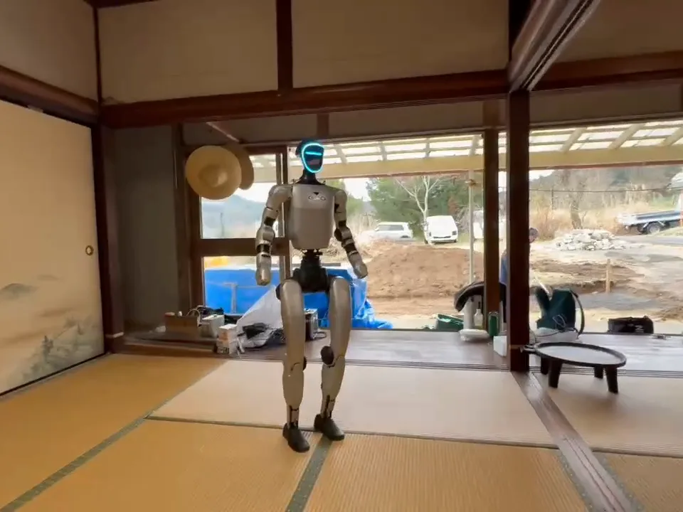 Humanoid robot working inside a house under renovation